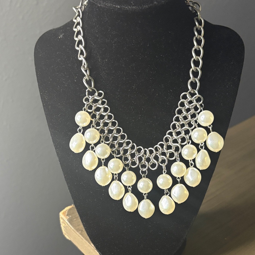 Pearl Drop Silver-Tone Statement Necklace - White Pearlescent